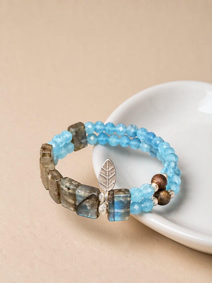 Handmade Double-Layer Aquamarine & Gray Moonstone Bracelet with Sterling Silver — Handmade item — each piece is one photo 5