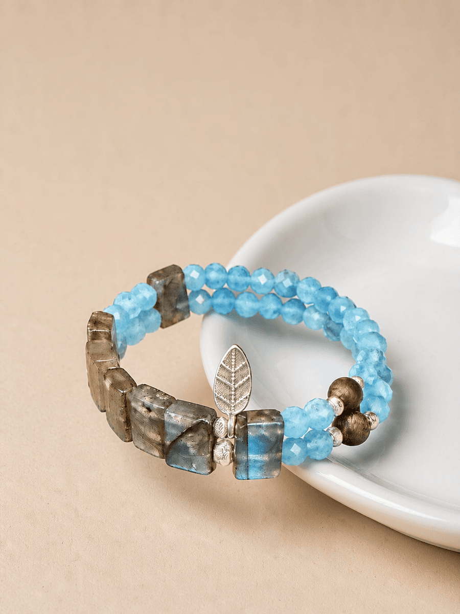 Handmade Double-Layer Aquamarine & Gray Moonstone Bracelet with Sterling Silver — Handmade item — each piece is one photo 5