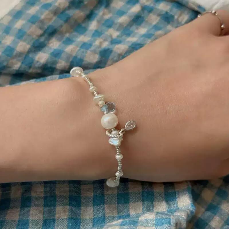 Blue Hole S925 Sterling Silver Bracelet – Natural Topaz & Freshwater Pearl, Handmade Beaded Design — Handmade with S925 sterling silver, natural Indian topaz, p