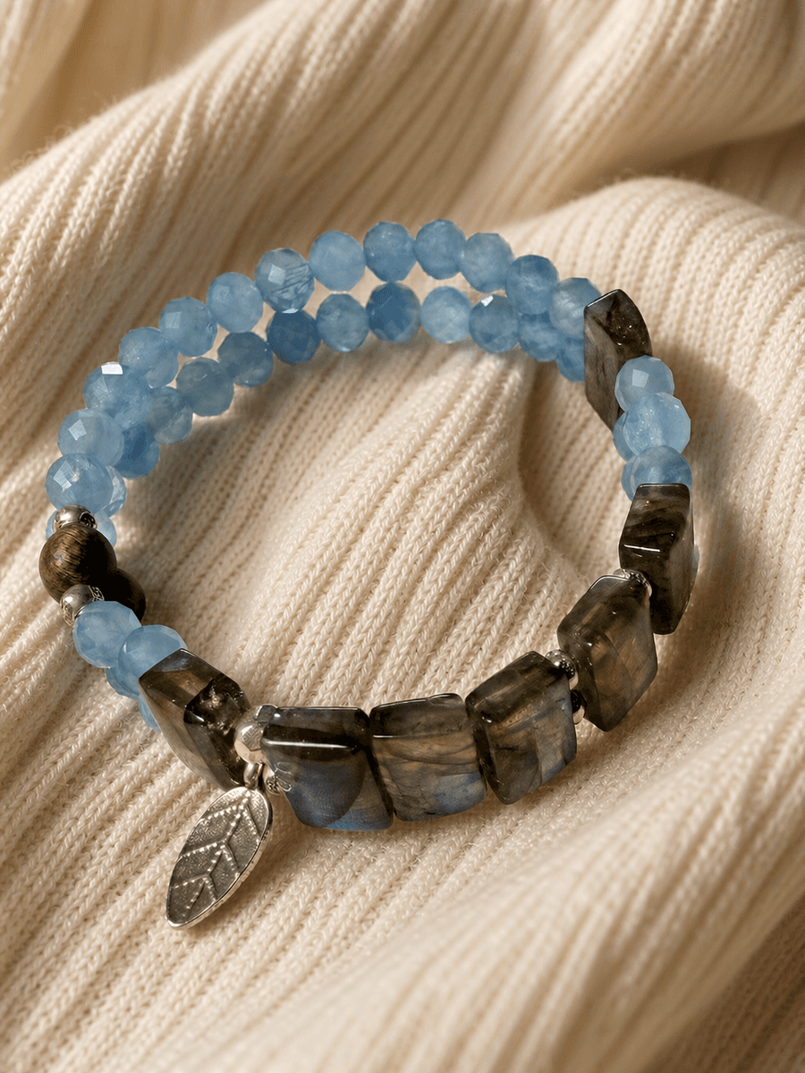 Handmade Double-Layer Aquamarine & Gray Moonstone Bracelet with Sterling Silver — Handmade item — each piece is one photo 4