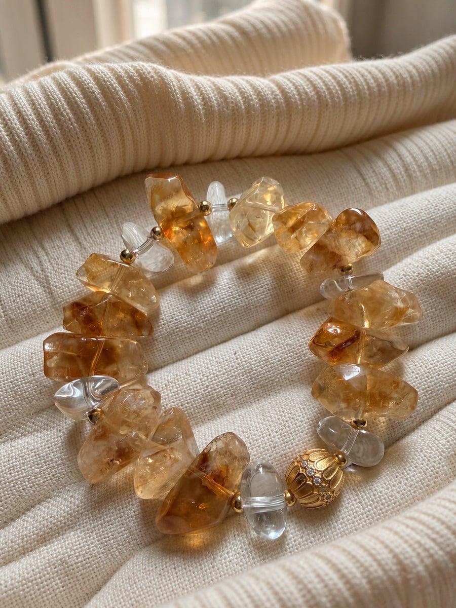 Original Handmade Natural Yellow Tower Quartz Bracelet – Crystal Beaded Jewelry — Handmade natural yellow tower quartz bracelet. Raw crystal, photo 6