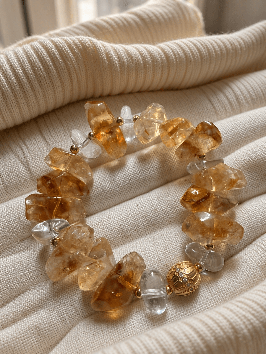 Original Handmade Natural Yellow Tower Quartz Bracelet – Crystal Beaded Jewelry — Handmade natural yellow tower quartz bracelet. Raw crystal, photo 6