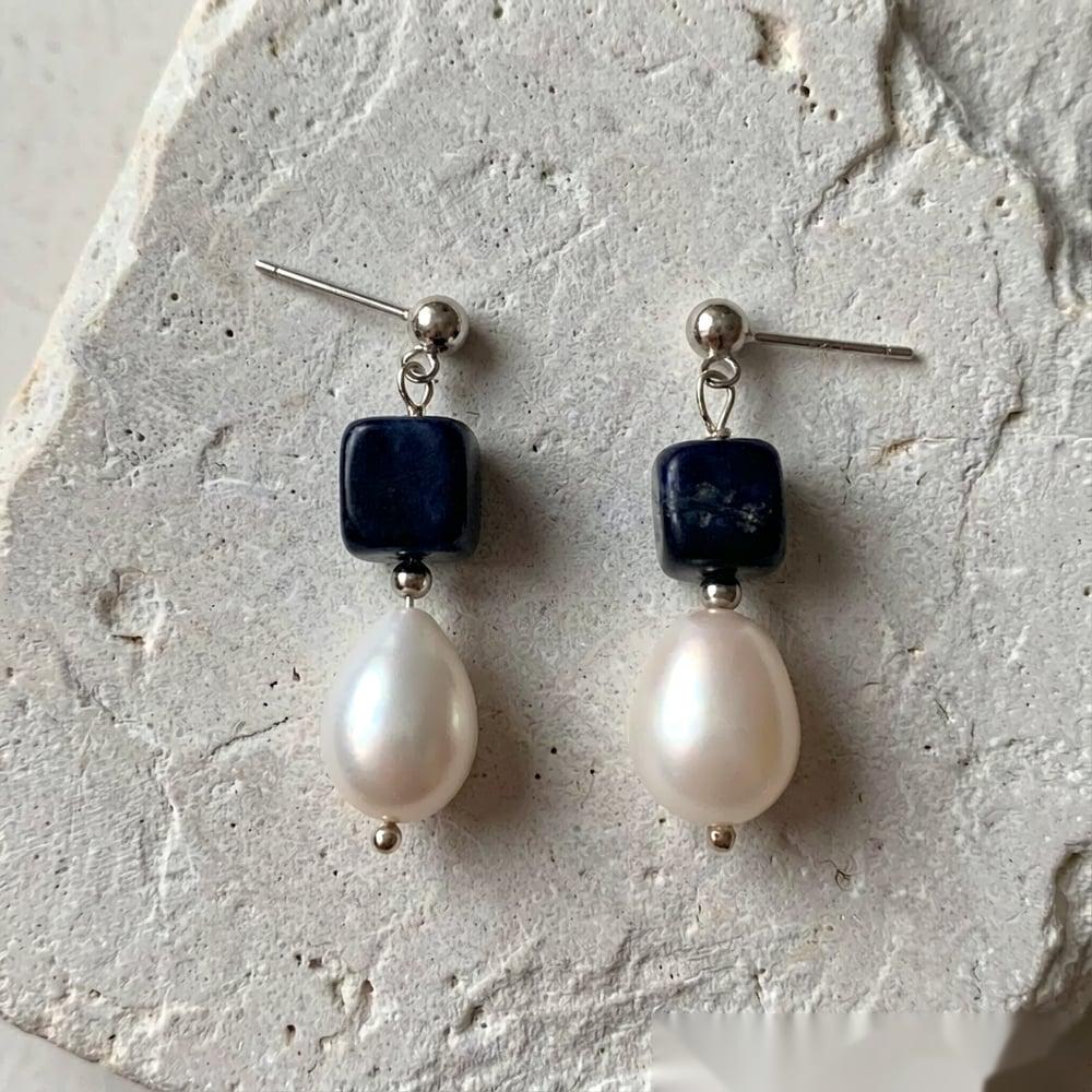 Handmade Blue Sodalite & Natural Baroque Pearl Earrings — S925 Sterling Silver Dangle Earrings photo 5