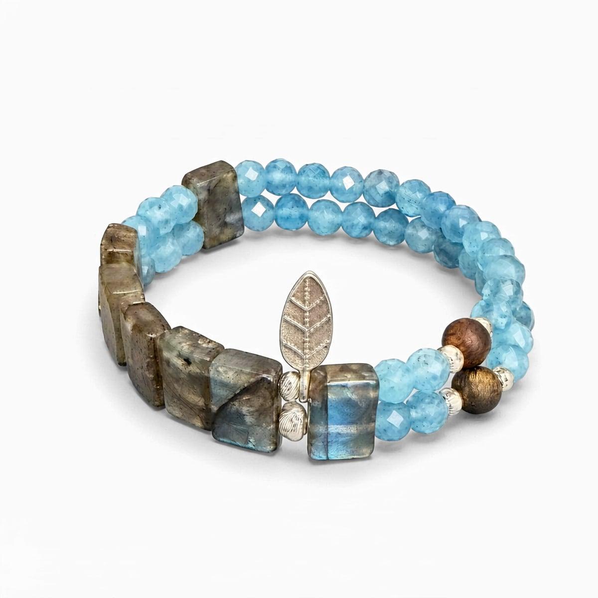 Handmade Double-Layer Aquamarine & Gray Moonstone Bracelet with Sterling Silver