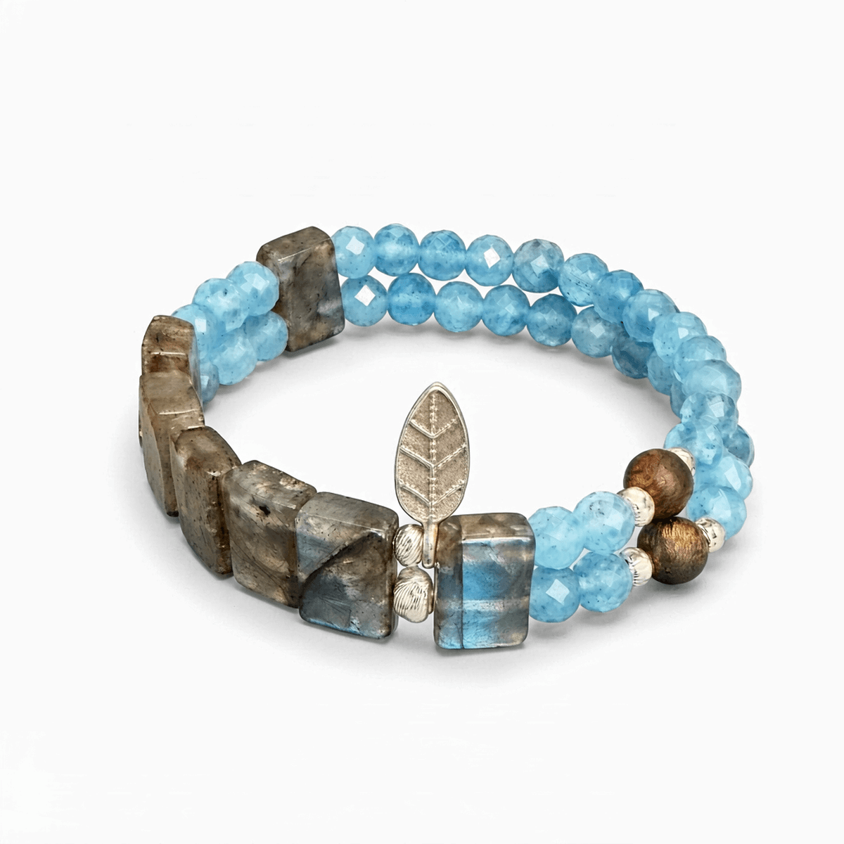 Handmade Double-Layer Aquamarine & Gray Moonstone Bracelet with Sterling Silver — Handmade item — each piece is one