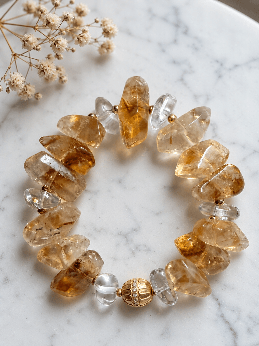 Original Handmade Natural Yellow Tower Quartz Bracelet – Crystal Beaded Jewelry — Handmade natural yellow tower quartz bracelet. Raw crystal, photo 9