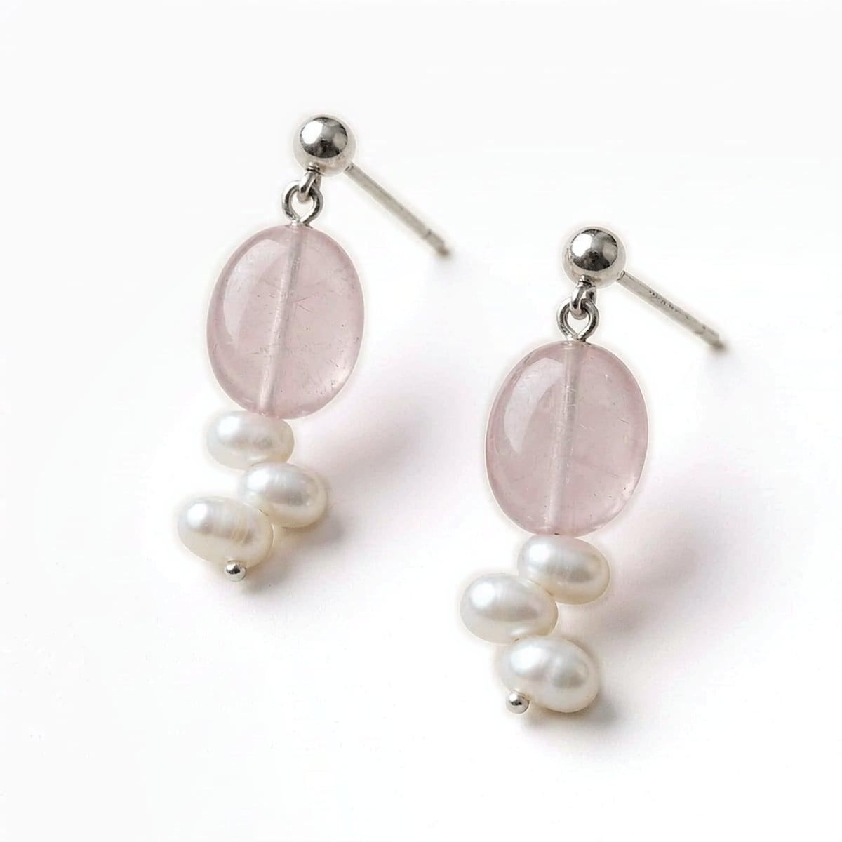 Natural Rose Quartz & Baroque Pearl Drop Earrings with S925 Sterling Silver — Handmade Natural Rose Quartz & Baroque Pearl Earrings photo 5