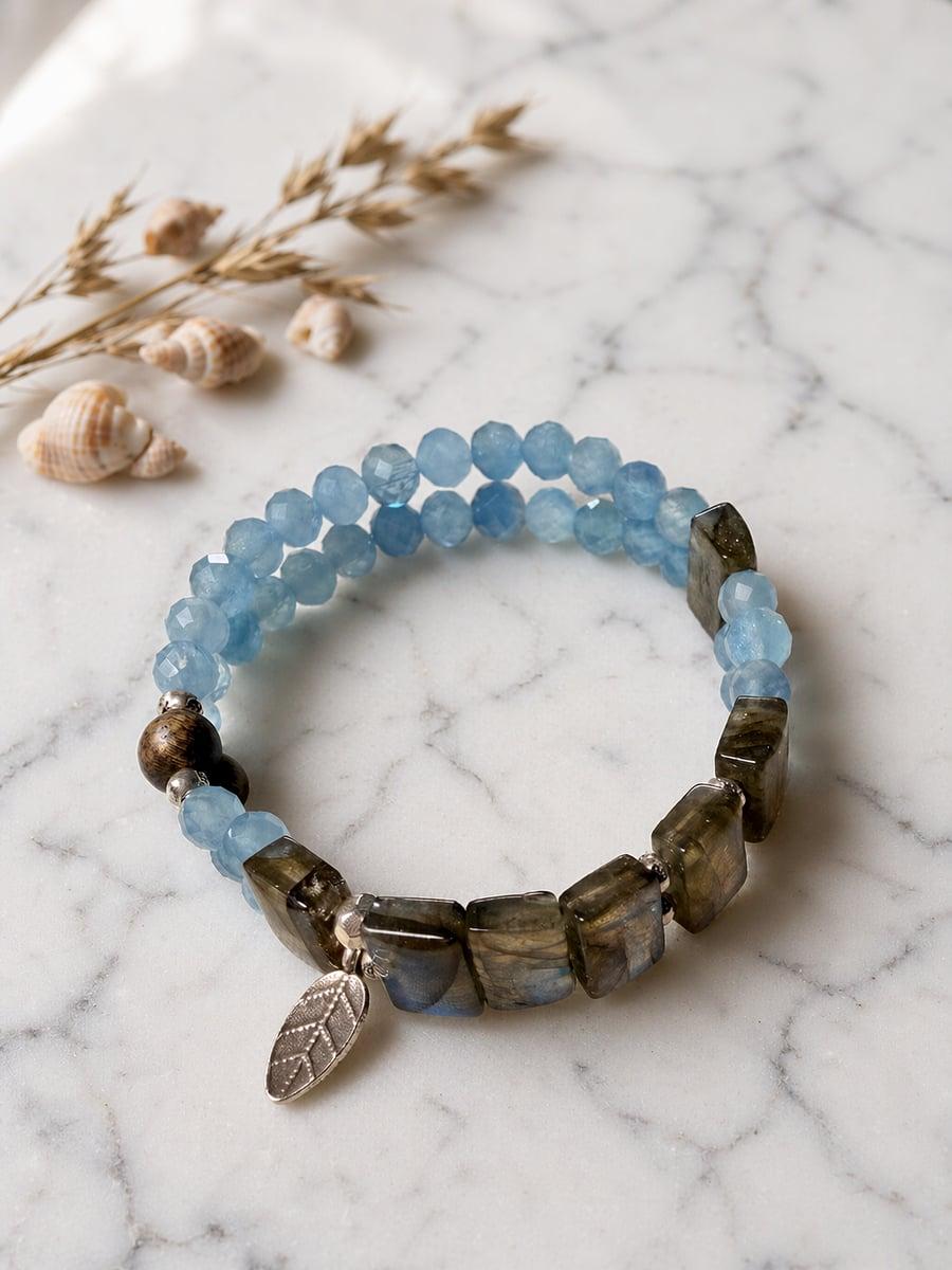 Handmade Double-Layer Aquamarine & Gray Moonstone Bracelet with Sterling Silver — Handmade item — each piece is one photo 6