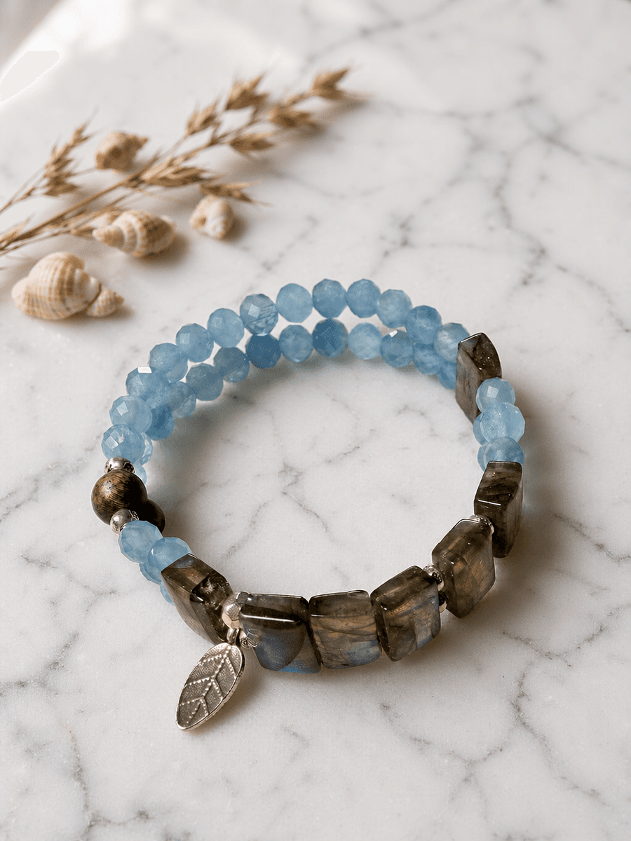 Handmade Double-Layer Aquamarine & Gray Moonstone Bracelet with Sterling Silver — Handmade item — each piece is one photo 6