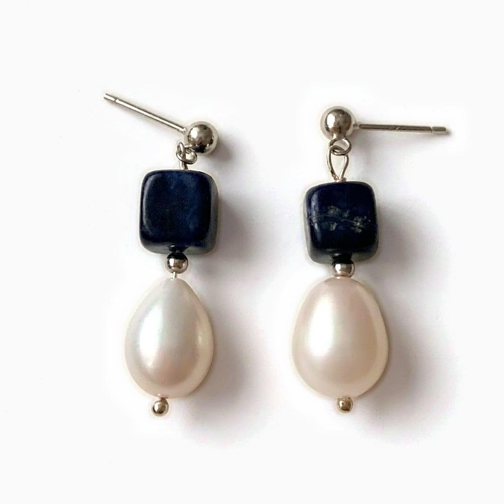Handmade Blue Sodalite & Natural Baroque Pearl Earrings