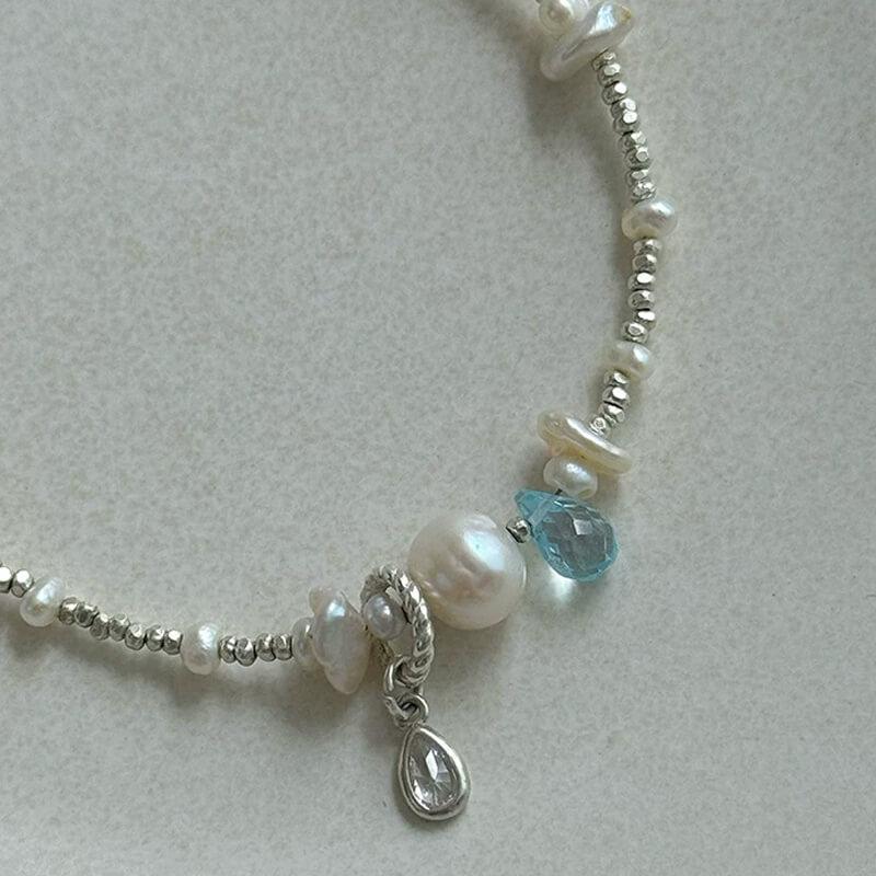 Blue Hole S925 Sterling Silver Bracelet – Natural Topaz & Freshwater Pearl, Handmade Beaded Design — Handmade with S925 sterling silver, natural Indian topaz,