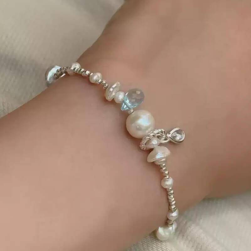 Blue Hole S925 Sterling Silver Bracelet – Natural Topaz & Freshwater Pearl, Handmade Beaded Design — Handmade with S925 sterling silver, natural Indian topaz, p