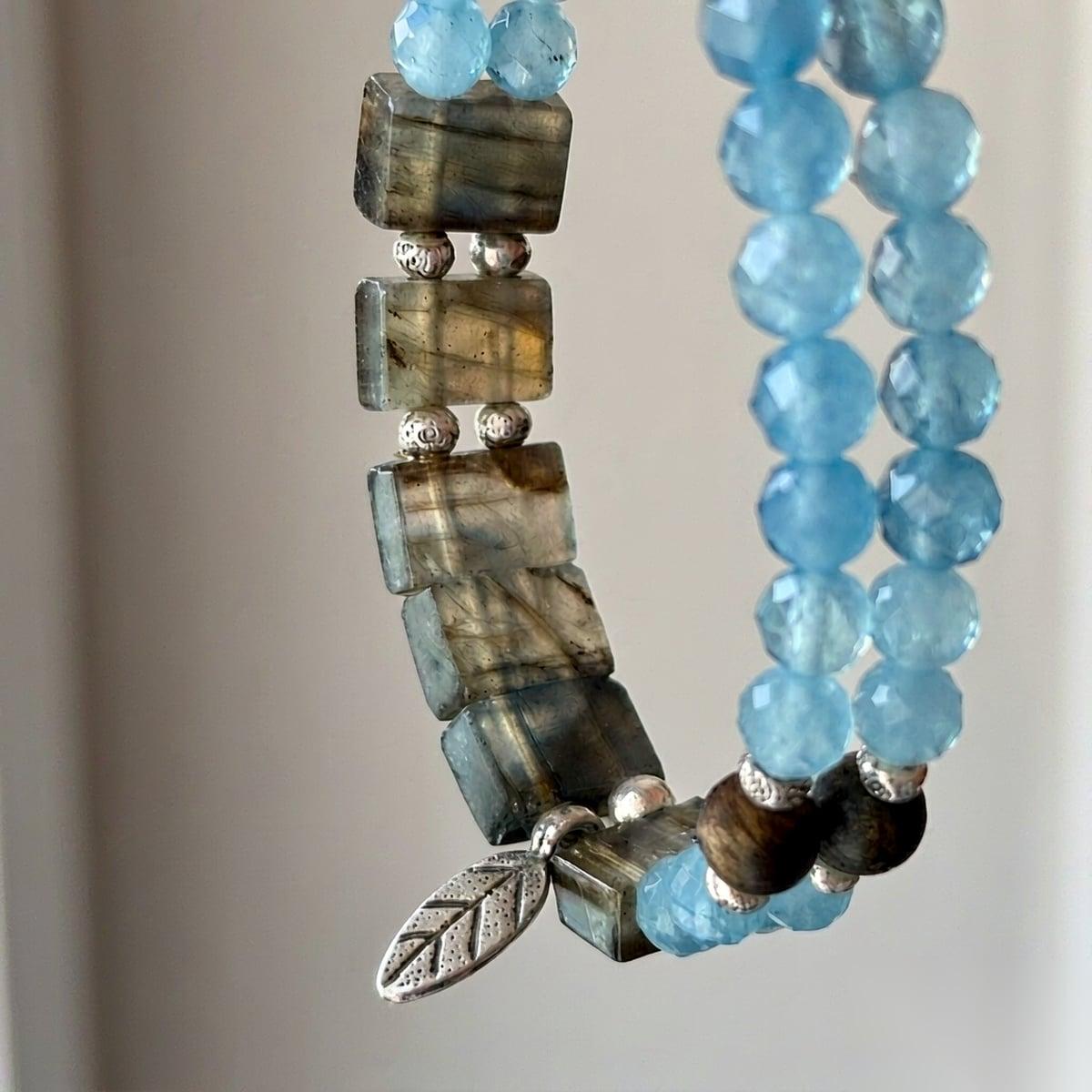 Handmade Double-Layer Aquamarine & Gray Moonstone Bracelet with Sterling Silver — Handmade item — each piece is one photo 2