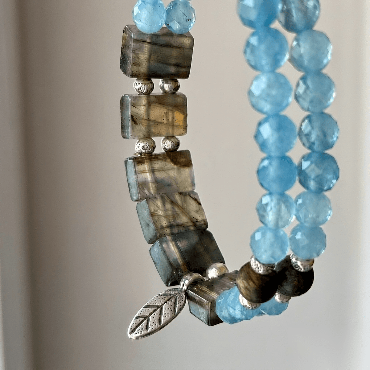 Handmade Double-Layer Aquamarine & Gray Moonstone Bracelet with Sterling Silver — Handmade item — each piece is one photo 2