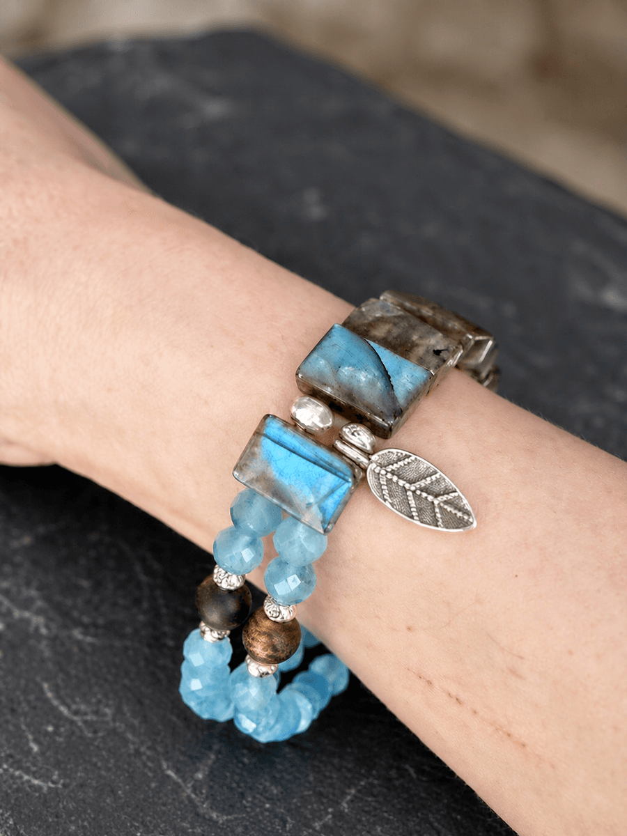 Handmade Double-Layer Aquamarine & Gray Moonstone Bracelet with Sterling Silver — Handmade item — each piece is one photo 3