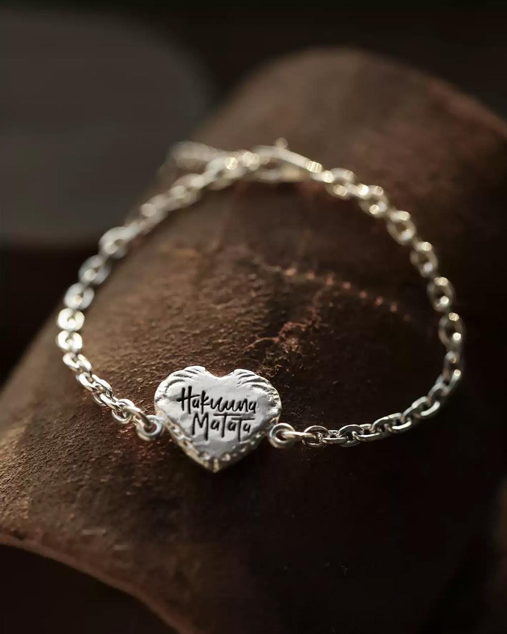 Original "Hakuna Matata" Heart Bracelet – 999 Fine Silver Engraved Chain, Custom DIY Keepsake Gift
