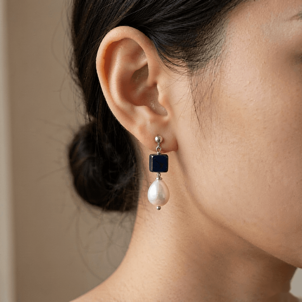 Handmade Blue Sodalite & Natural Baroque Pearl Earrings — S925 Sterling Silver Dangle Earrings photo 3