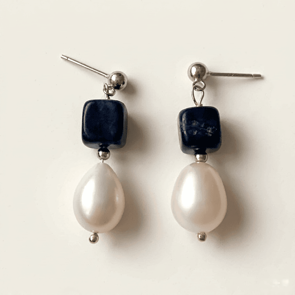 Handmade Blue Sodalite & Natural Baroque Pearl Earrings — S925 Sterling Silver Dangle Earrings
