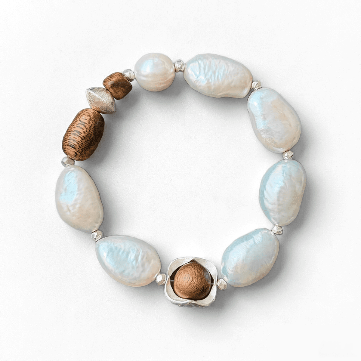 Original Vintage Style Natural Baroque Pearl & Agarwood Jewelry Set – Sterling Silver Bracelet and Earrings
