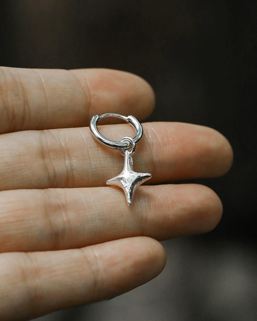 Original Handmade Four-Pointed Star 999 Fine Silver Earrings – Minimalist Artistic Dangle Earrings f — Handmade in 999 fine silver with a hand-forged photo 8
