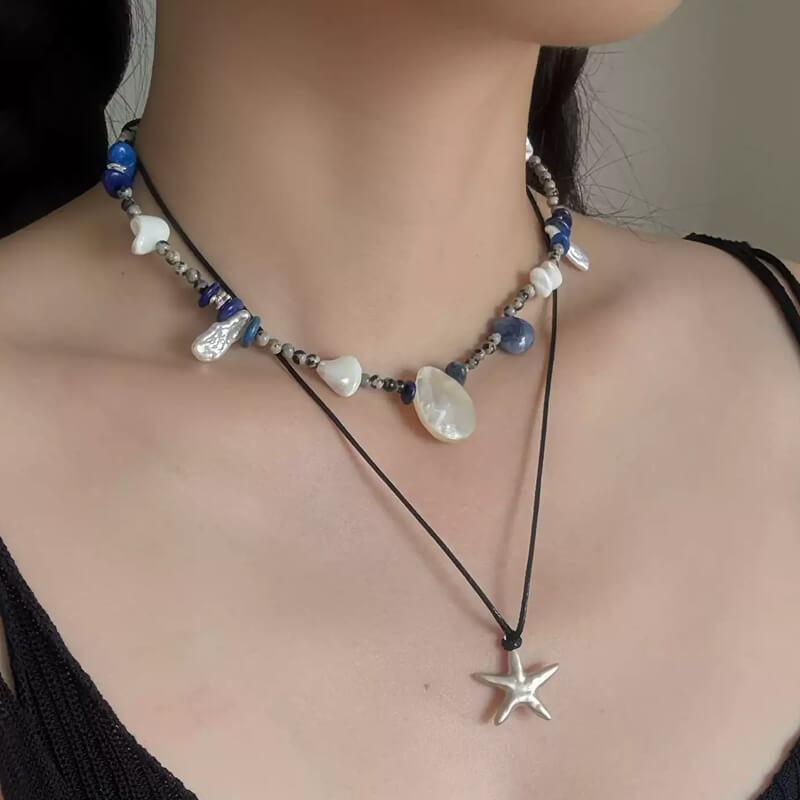 Original Design Natural Mother of Pearl & Blue Stone Beaded Necklace with Baroque Pearls for Women — A one-of-a-kind handmade necklace featuring natural baroque