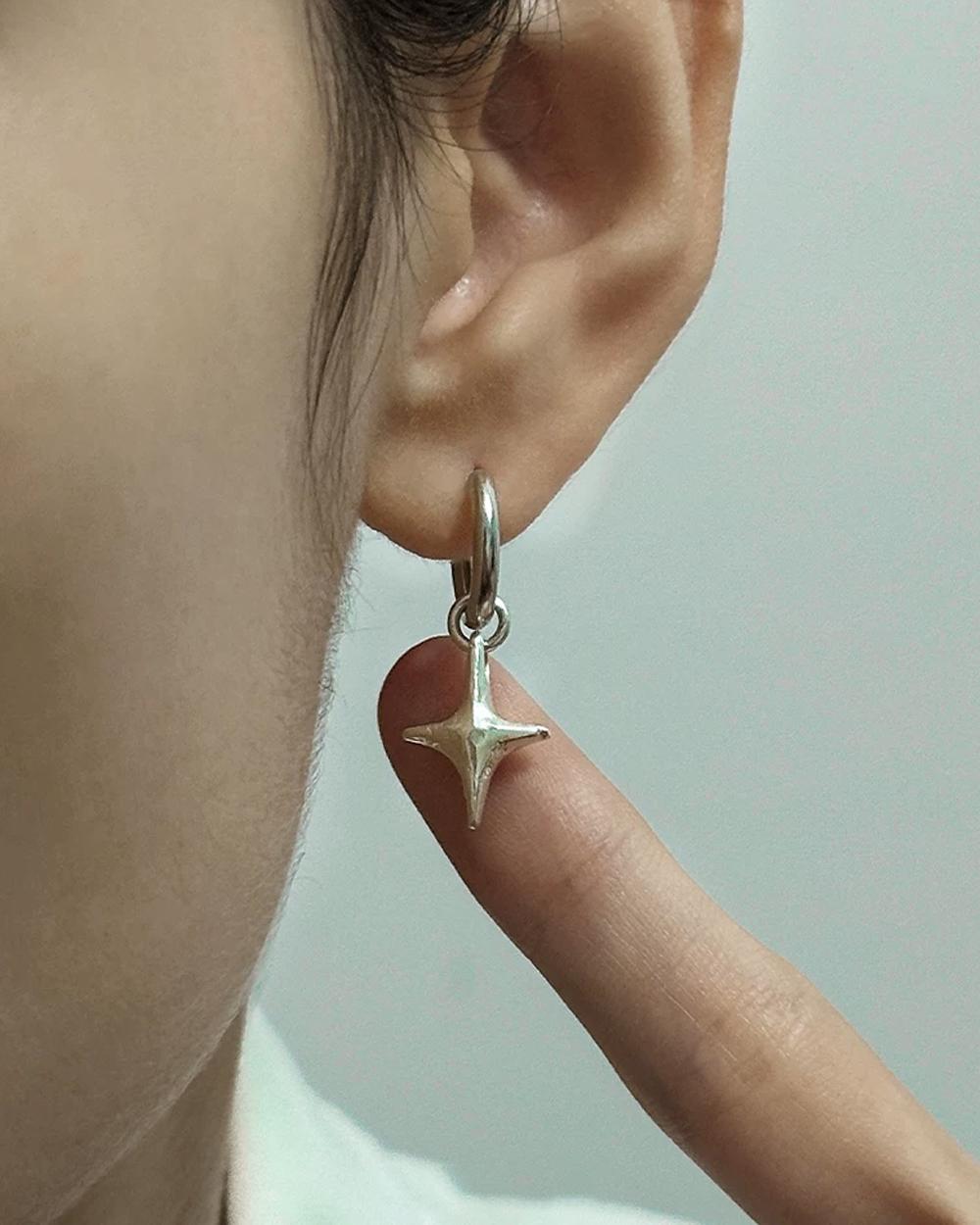 Original Handmade Four-Pointed Star 999 Fine Silver Earrings – Minimalist Artistic Dangle Earrings f — Handmade in 999 fine silver with a hand-forged photo 7