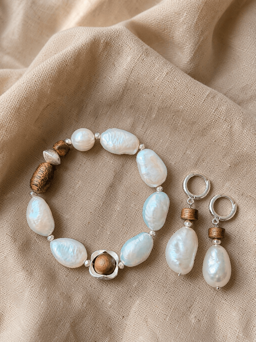 Original Vintage Style Natural Baroque Pearl & Agarwood Jewelry Set – Sterling Silver Bracelet and E — Natural baroque pearls meet agarwood and sterling silver