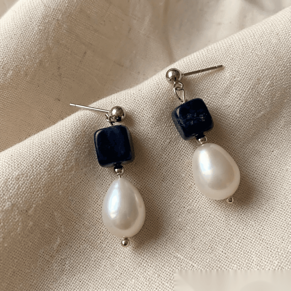 Handmade Blue Sodalite & Natural Baroque Pearl Earrings — S925 Sterling Silver Dangle Earrings photo 4