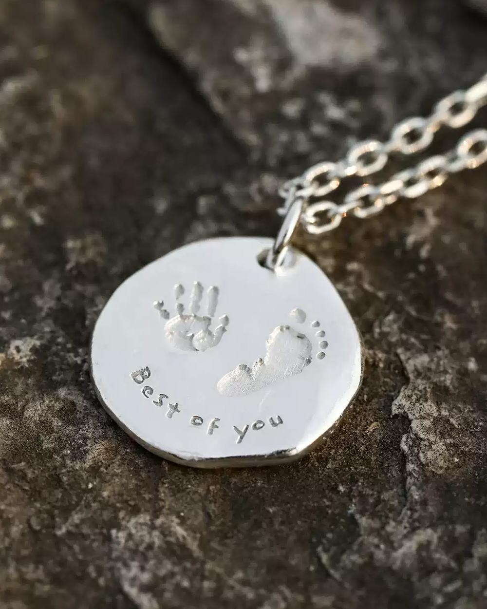 Original Time Imprint Custom Hand & Footprint Necklace – 999 Fine Silver Engraved Photo Pendant, Per — Handmade in 999 fine silver, this round pendant photo 8