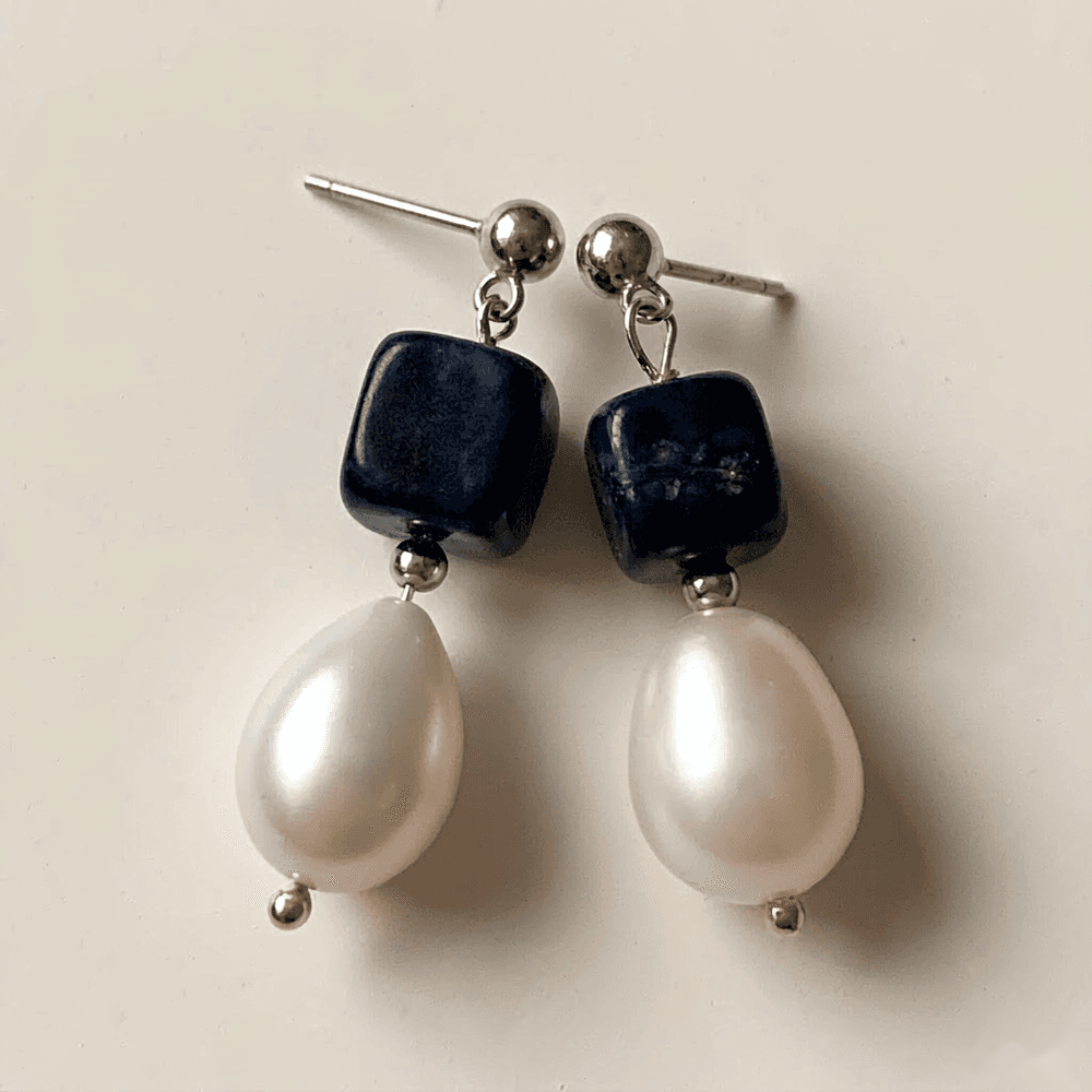 Handmade Blue Sodalite & Natural Baroque Pearl Earrings — S925 Sterling Silver Dangle Earrings photo 6
