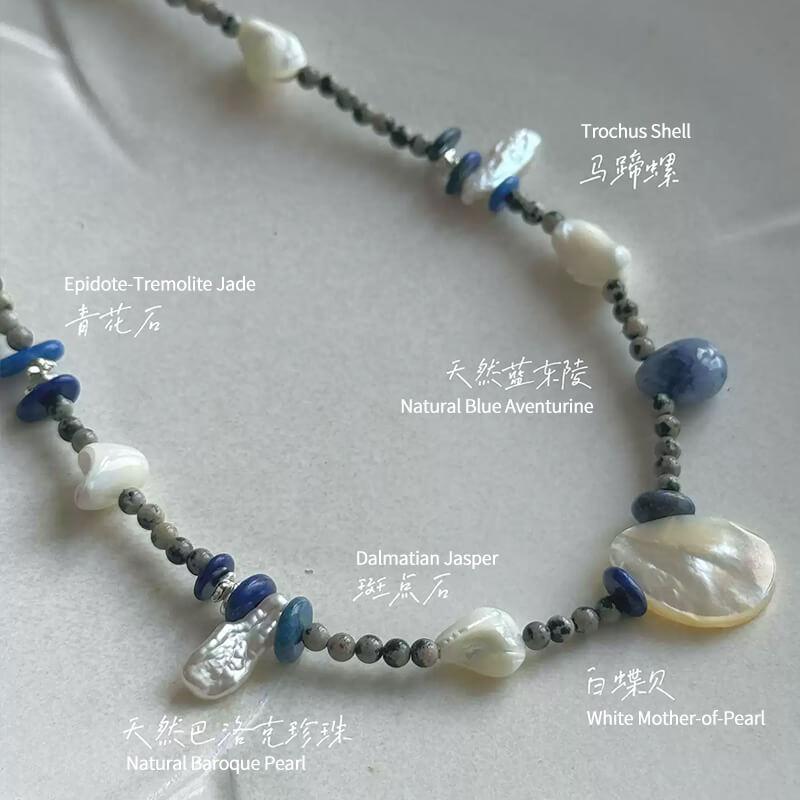 Original Design Natural Mother of Pearl & Blue Stone Beaded Necklace with Baroque Pearls for Women — A one-of-a-kind handmade necklace featuring natural baroque