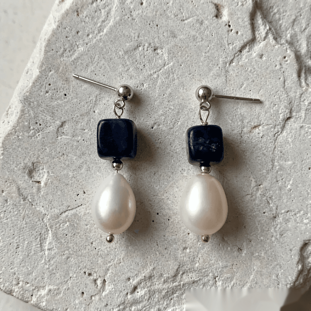 Handmade Blue Sodalite & Natural Baroque Pearl Earrings — S925 Sterling Silver Dangle Earrings photo 5