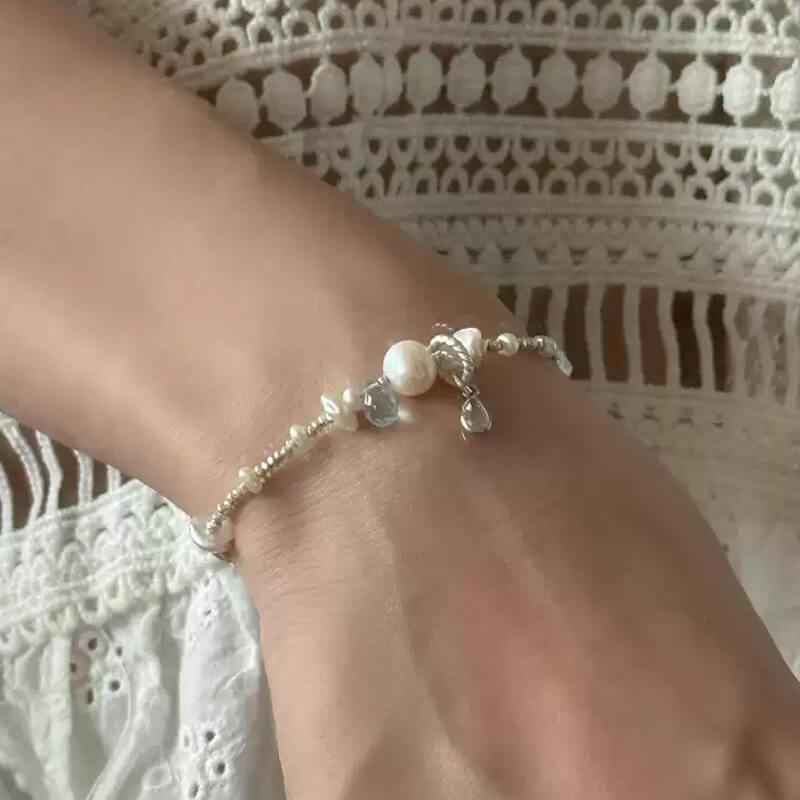 Blue Hole S925 Sterling Silver Bracelet – Natural Topaz & Freshwater Pearl, Handmade Beaded Design — Handmade with S925 sterling silver, natural Indian topaz, p