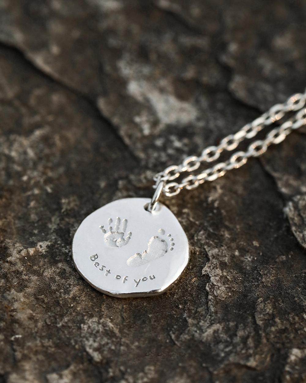 Original Time Imprint Custom Hand & Footprint Necklace – 999 Fine Silver Engraved Photo Pendant, Per — Handmade in 999 fine silver, this round pendant photo 6