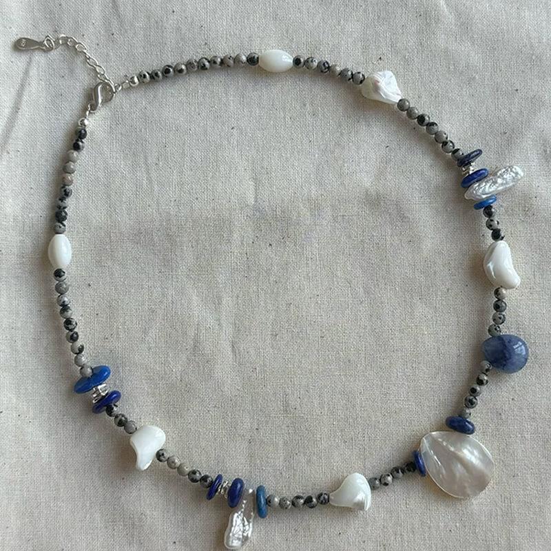Original Design Natural Mother of Pearl & Blue Stone Beaded Necklace with Baroque Pearls for Women — A one-of-a-kind handmade necklace featuring natural baroque