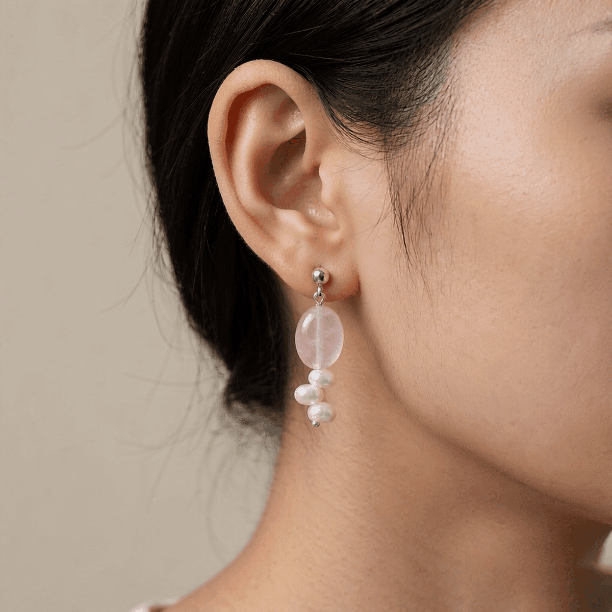 Natural Rose Quartz & Baroque Pearl Drop Earrings with S925 Sterling Silver — Handmade Natural Rose Quartz & Baroque Pearl Earrings photo 3