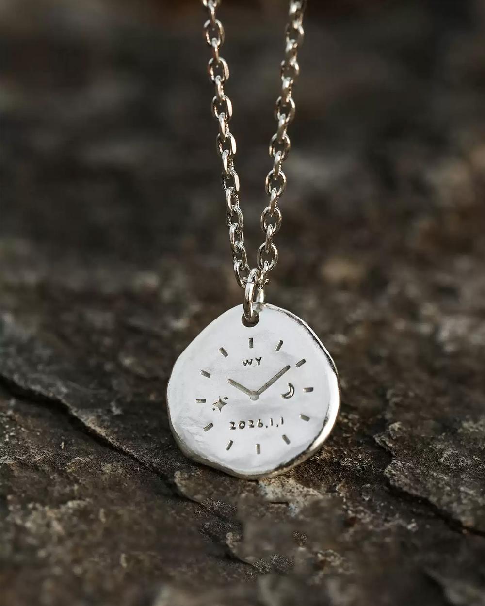 Original Time Imprint Custom Hand & Footprint Necklace – 999 Fine Silver Engraved Photo Pendant, Per — Handmade in 999 fine silver, this round pendant photo 2