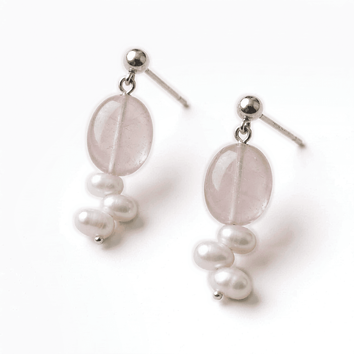 Natural Rose Quartz & Baroque Pearl Drop Earrings with S925 Sterling Silver — Handmade Natural Rose Quartz & Baroque Pearl Earrings photo 5