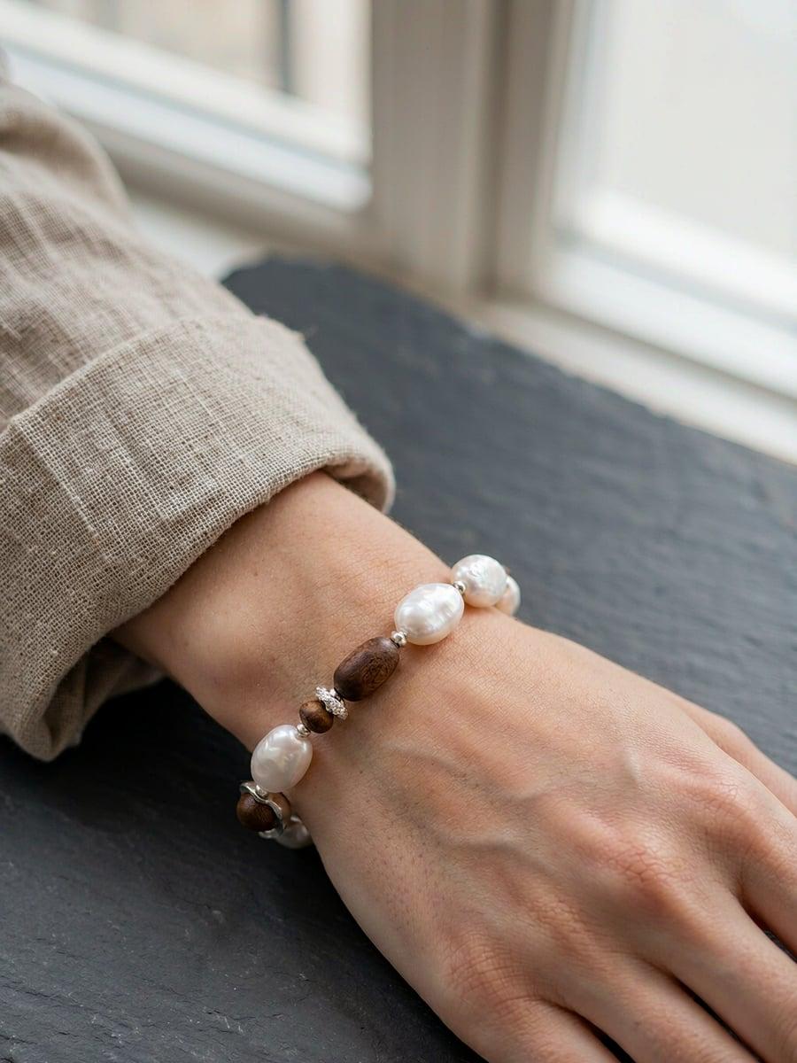 Original Vintage Style Natural Baroque Pearl & Agarwood Jewelry Set – Sterling Silver Bracelet and E — Natural baroque pearls meet agarwood and sterling silver