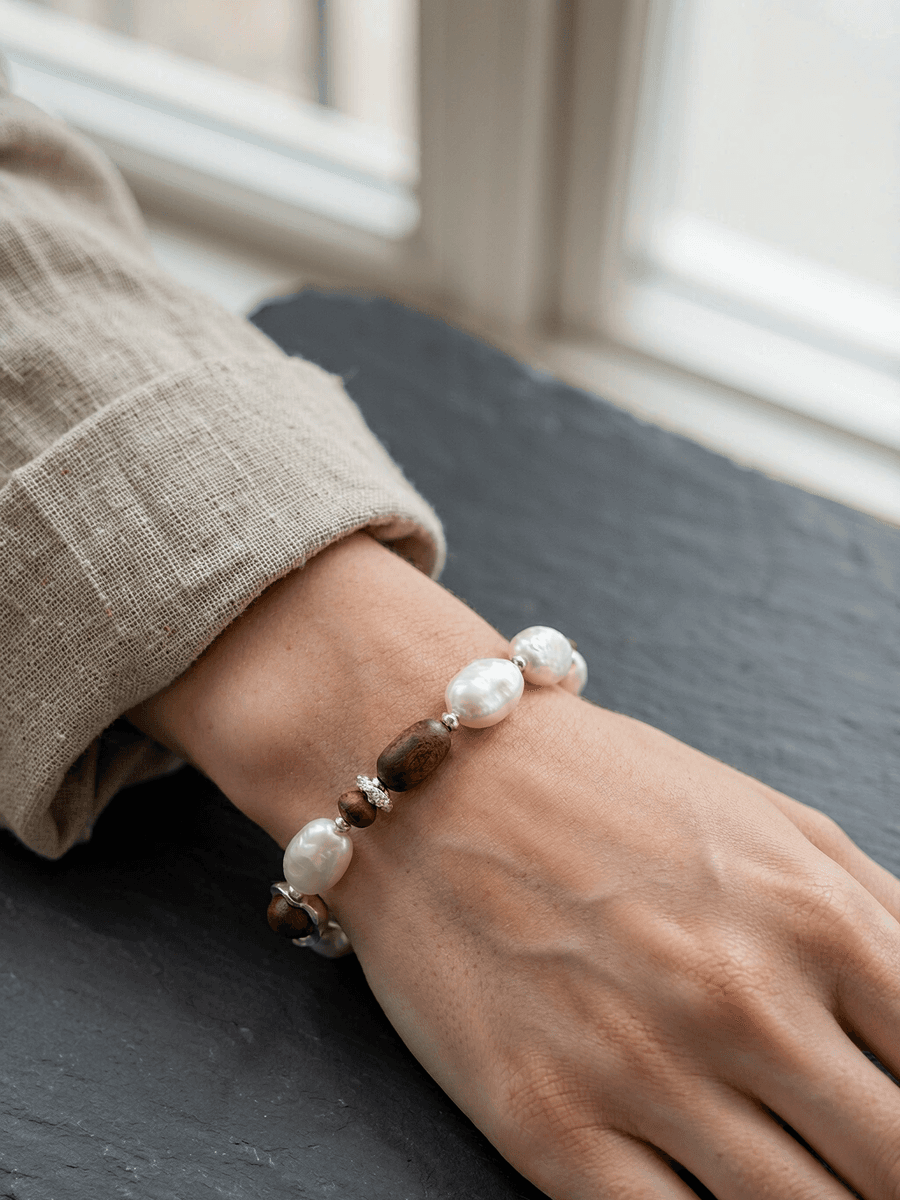 Original Vintage Style Natural Baroque Pearl & Agarwood Jewelry Set – Sterling Silver Bracelet and E — Natural baroque pearls meet agarwood and sterling silver
