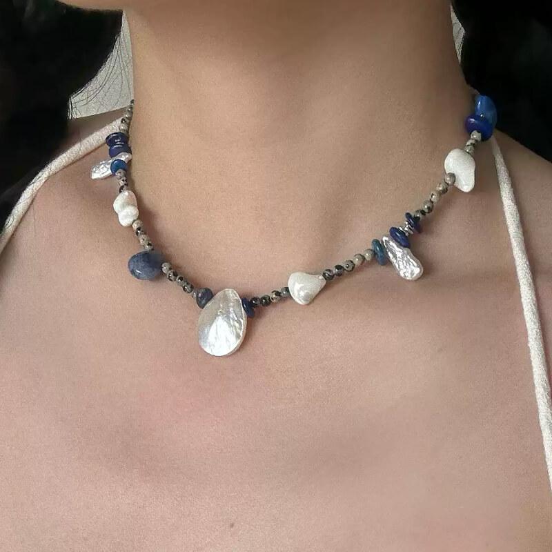 Original Design Natural Mother of Pearl & Blue Stone Beaded Necklace with Baroque Pearls for Women — A one-of-a-kind handmade necklace featuring natural baroque