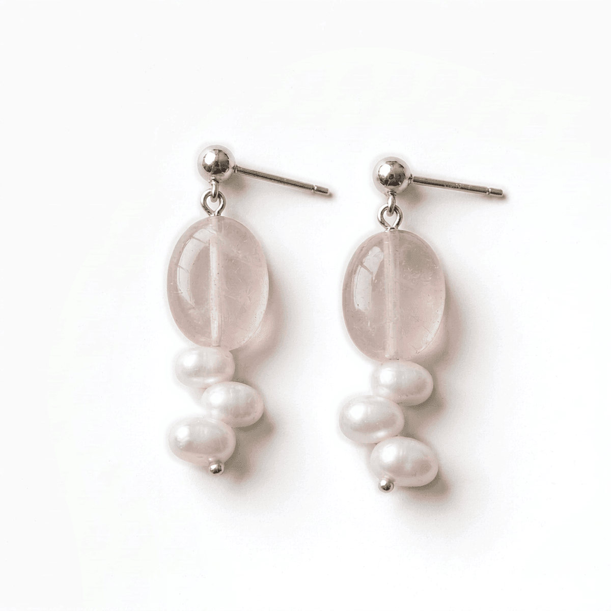Natural Rose Quartz & Baroque Pearl Drop Earrings with S925 Sterling Silver — Handmade Natural Rose Quartz & Baroque Pearl Earrings