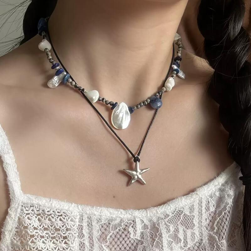 Original Design Natural Mother of Pearl & Blue Stone Beaded Necklace with Baroque Pearls for Women — A one-of-a-kind handmade necklace featuring natural baroque