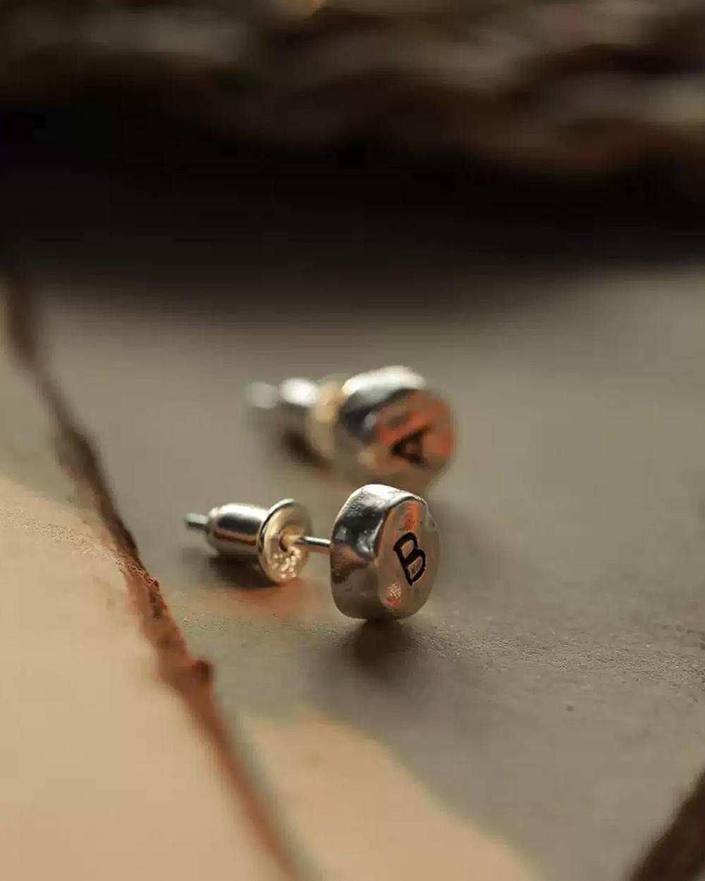 Original Handmade 999 Fine Silver Letter Stud Earrings – Custom Initial Earrings for Men & Women, Mi — Handmade in 999 fine silver, these minimalist letter phot