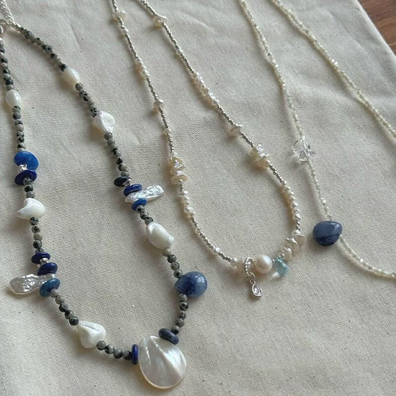 Original Design Natural Mother of Pearl & Blue Stone Beaded Necklace with Baroque Pearls for Women — A one-of-a-kind handmade necklace featuring natural baroque