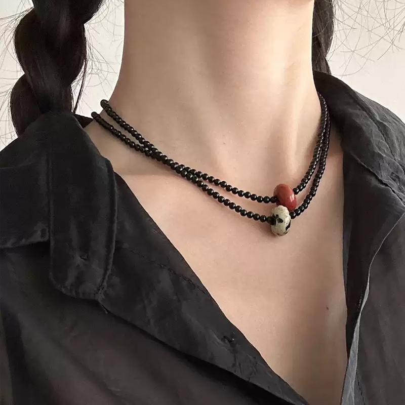 Minimalist S925 Silver Necklace with Natural Agate & Jade Pendant – Handmade Unisex Beaded Chain — A minimalist handmade necklace featuring a single natural pho
