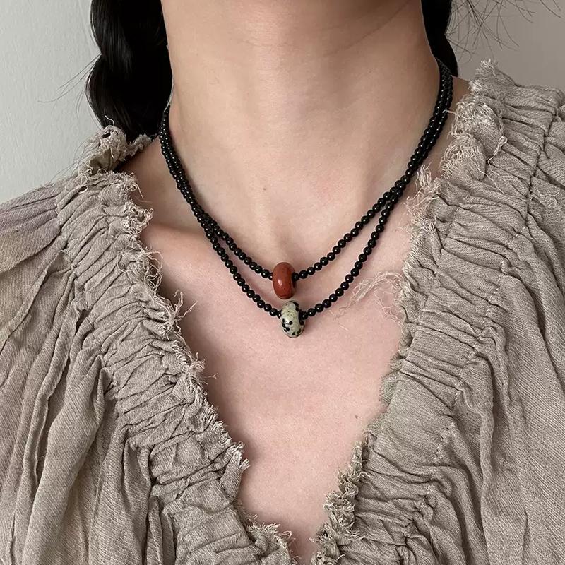Minimalist S925 Silver Necklace with Natural Agate & Jade Pendant – Handmade Unisex Beaded Chain — A minimalist handmade necklace featuring a single natural pho