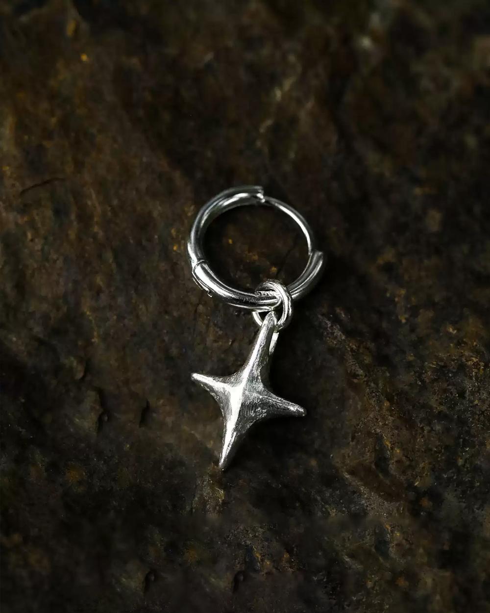 Original Handmade Four-Pointed Star 999 Fine Silver Earrings – Minimalist Artistic Dangle Earrings f — Handmade in 999 fine silver with a hand-forged photo 4
