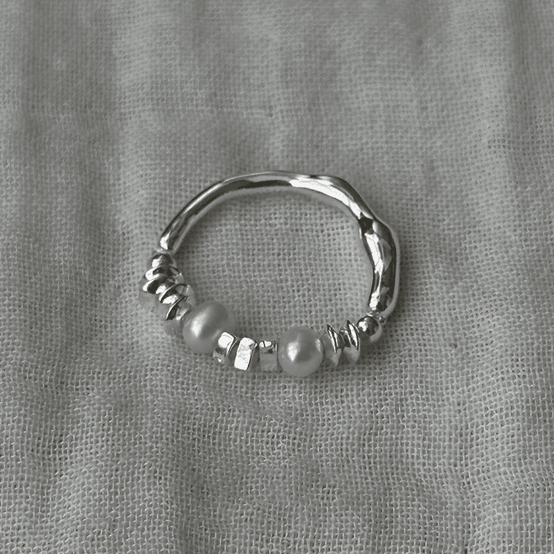 Handmade Silver Ring Collection – Pearl Rings, Open & Closed Designs - Freshwater Pearl & Sterling Silver Beads (Elastic Cord, HK 9–13)