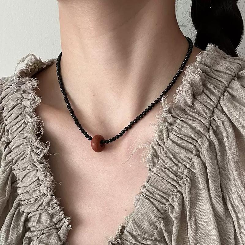 Minimalist S925 Silver Necklace with Natural Agate & Jade Pendant – Handmade Unisex Beaded Chain — A minimalist handmade necklace featuring a single natural pho